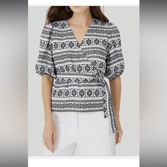 Ann Taylor Dobby Belted Wrap Floral Blouse Balloon Sleeve Black/White print Sz S - Picture 1 of 11